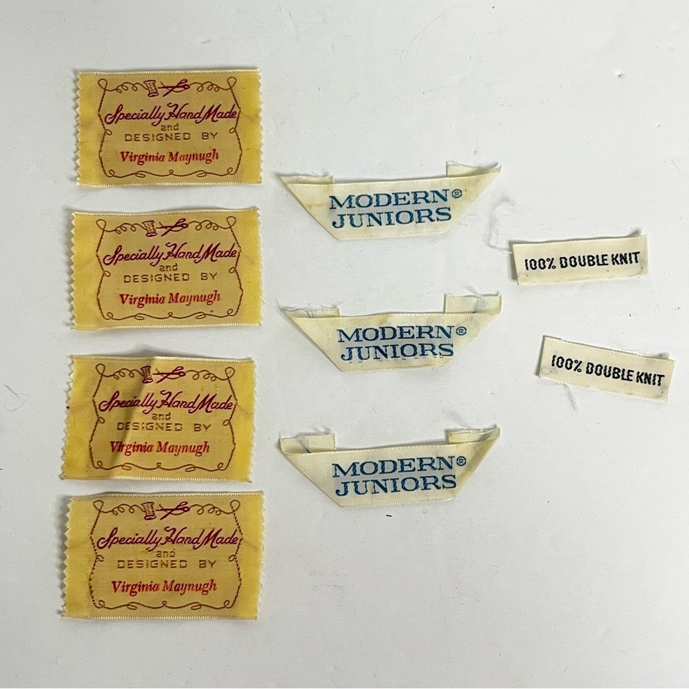 lot of 9 vintage clothing tags labels modern juniors 100 % double knit hand made